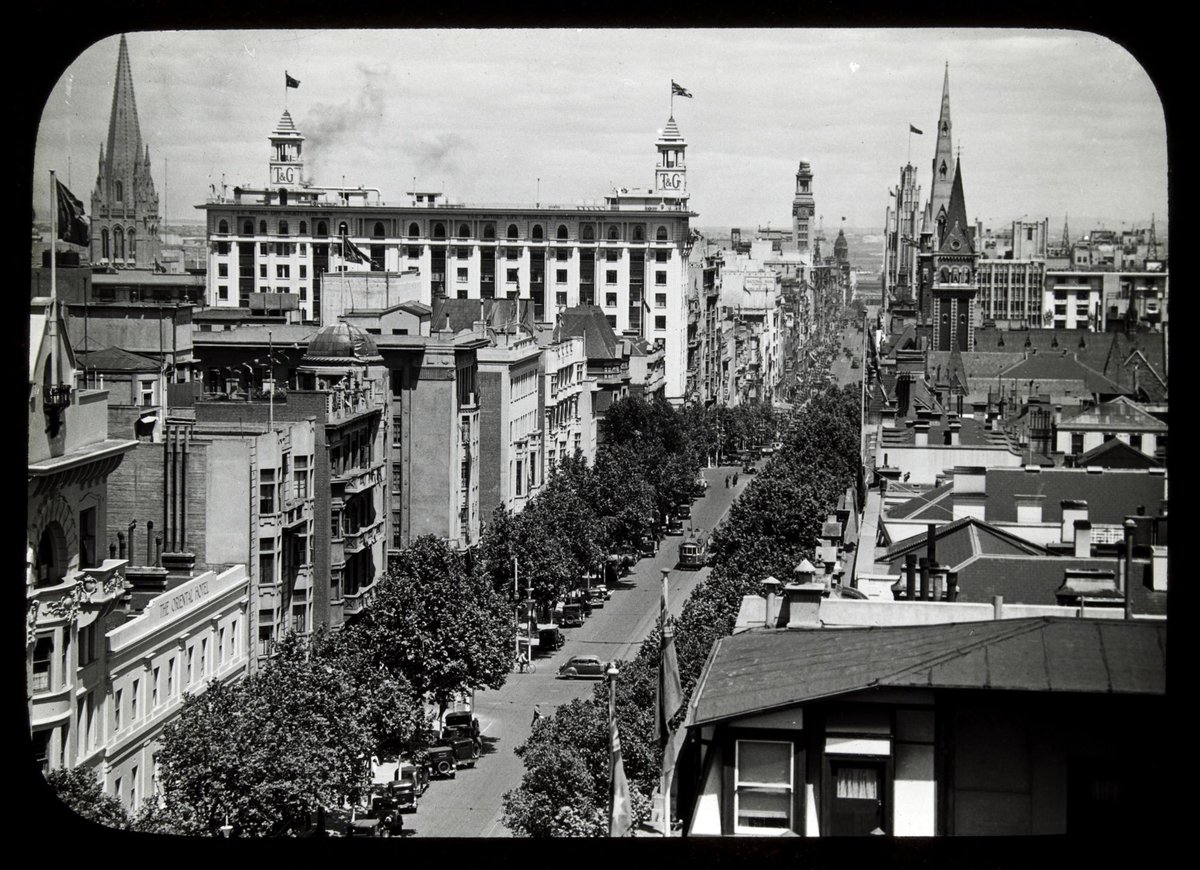 Collins Street looking west from the roof of Alcaston House, Melbourne City (c. 1935)