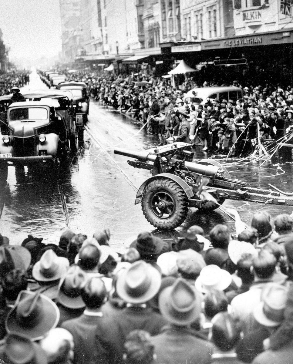 Artillery turning into Bourke St. from Swanston St, Melbourne City (c. 1941)