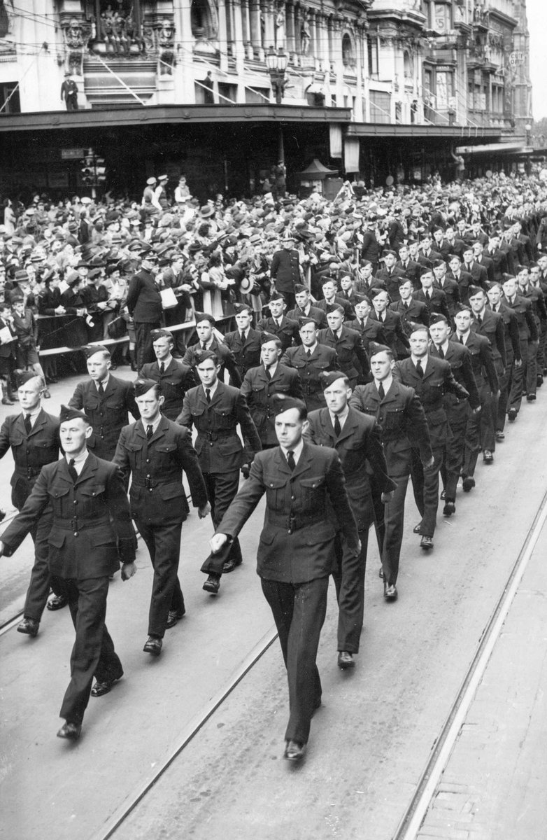 A.I.F. soldiers of the 9th Division in Swanston Street, during a march in Melbourne, 1943, Melbourne City