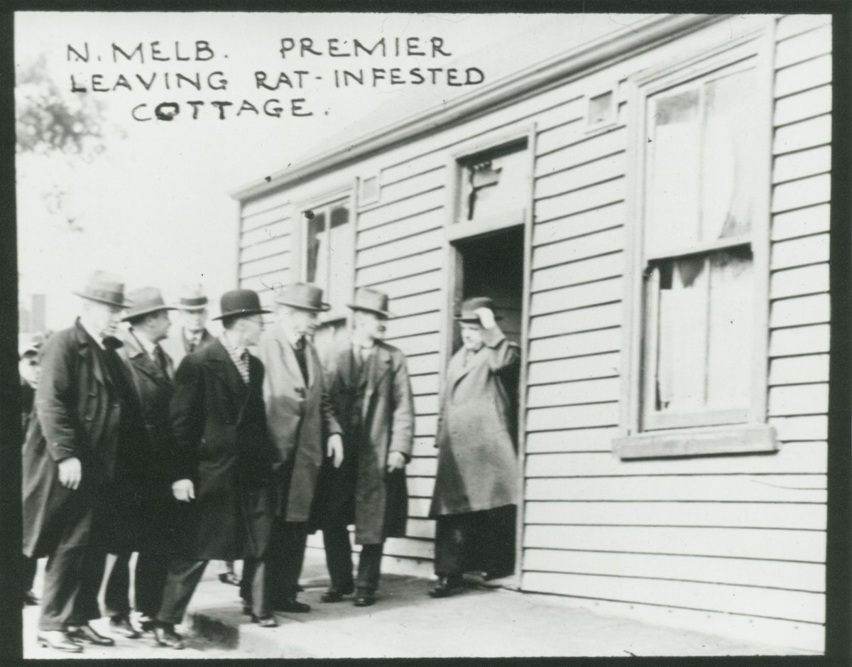 [North Melbourne] Premier leaving rat-infested cottage (c. 1935)