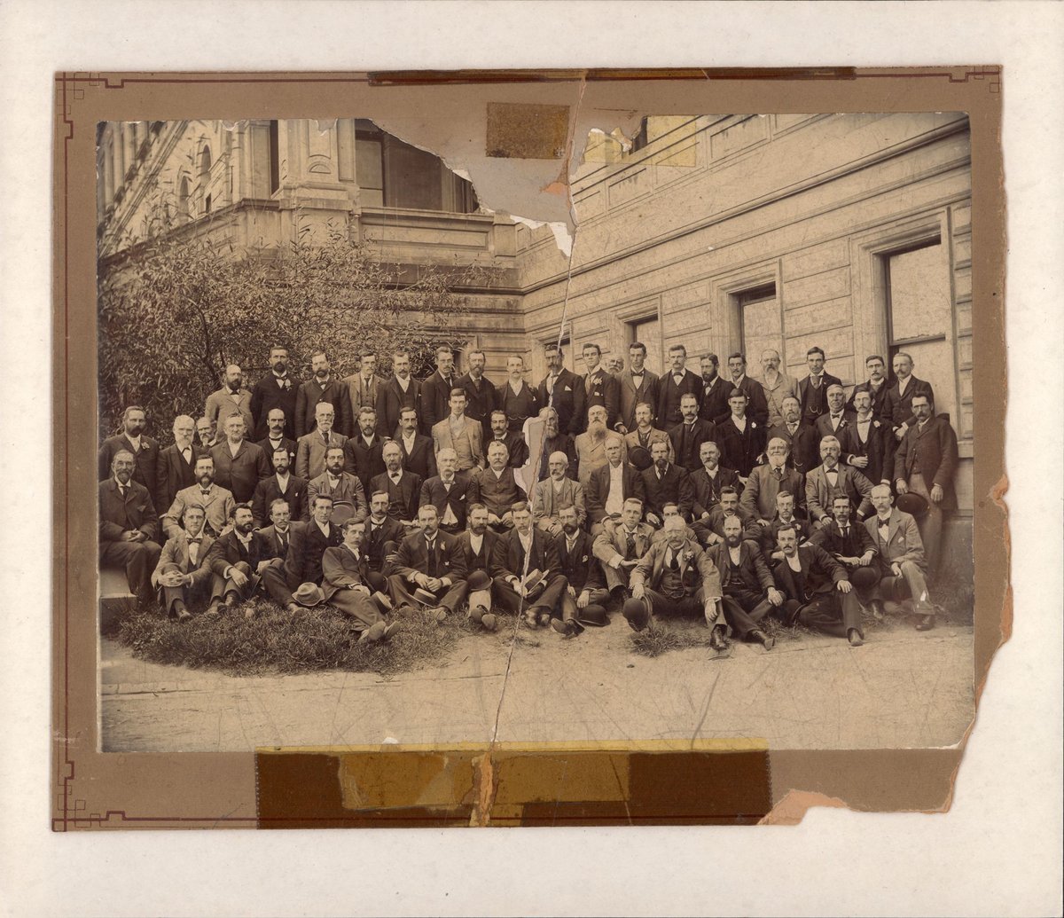 Civil servants in front of the Spring Street government offices, Melbourne, Victoria, Melbourne City (1900–30)