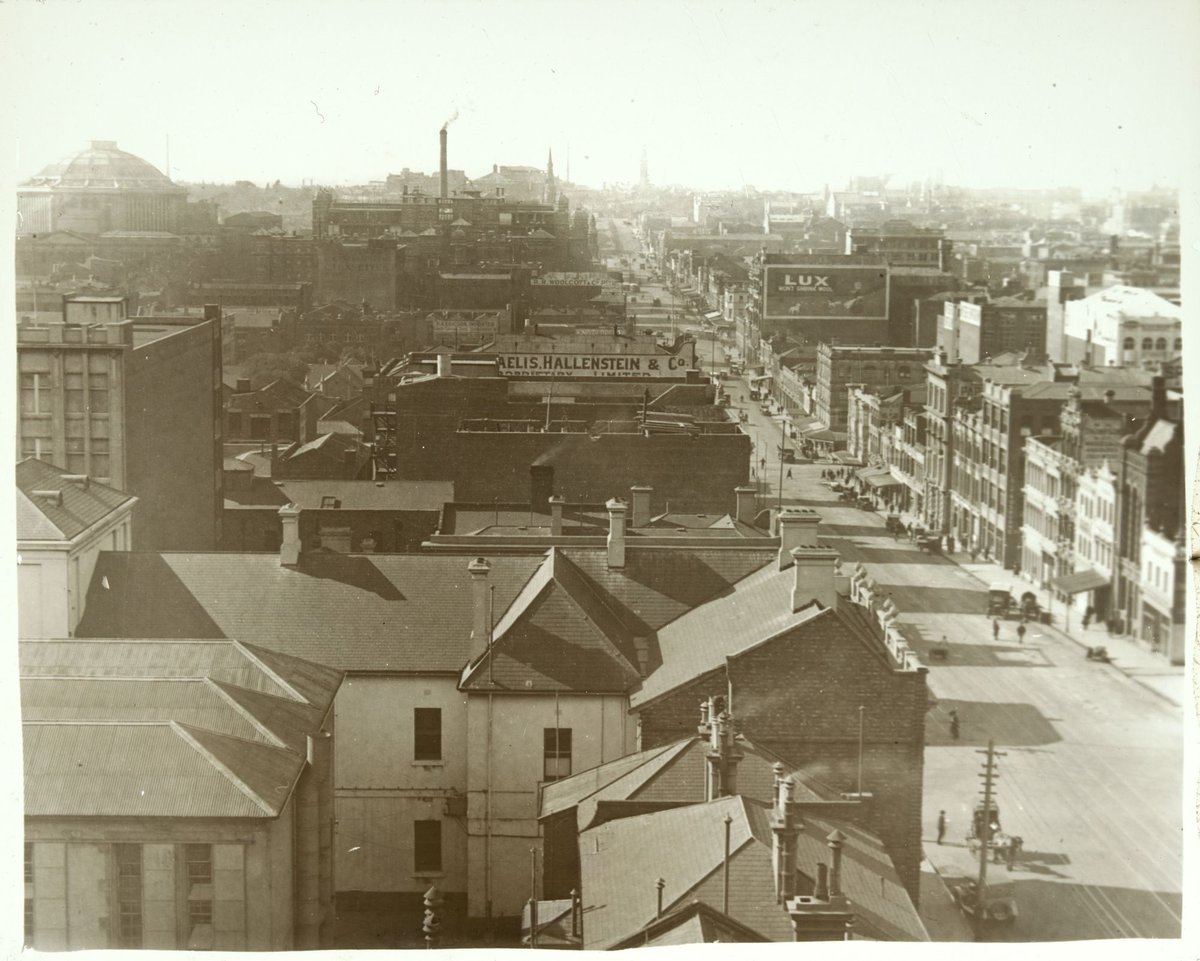 Lonsdale Street, Melbourne, looking over roof tops, Melbourne City (c. 1920)