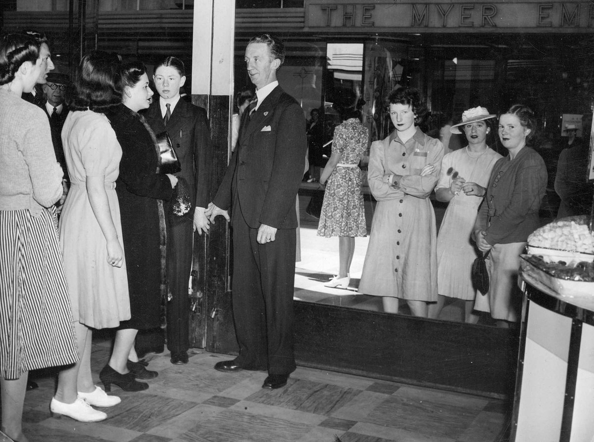 Gathering during Air Raid Precautions test at Myers, Melbourne (c. 1942)