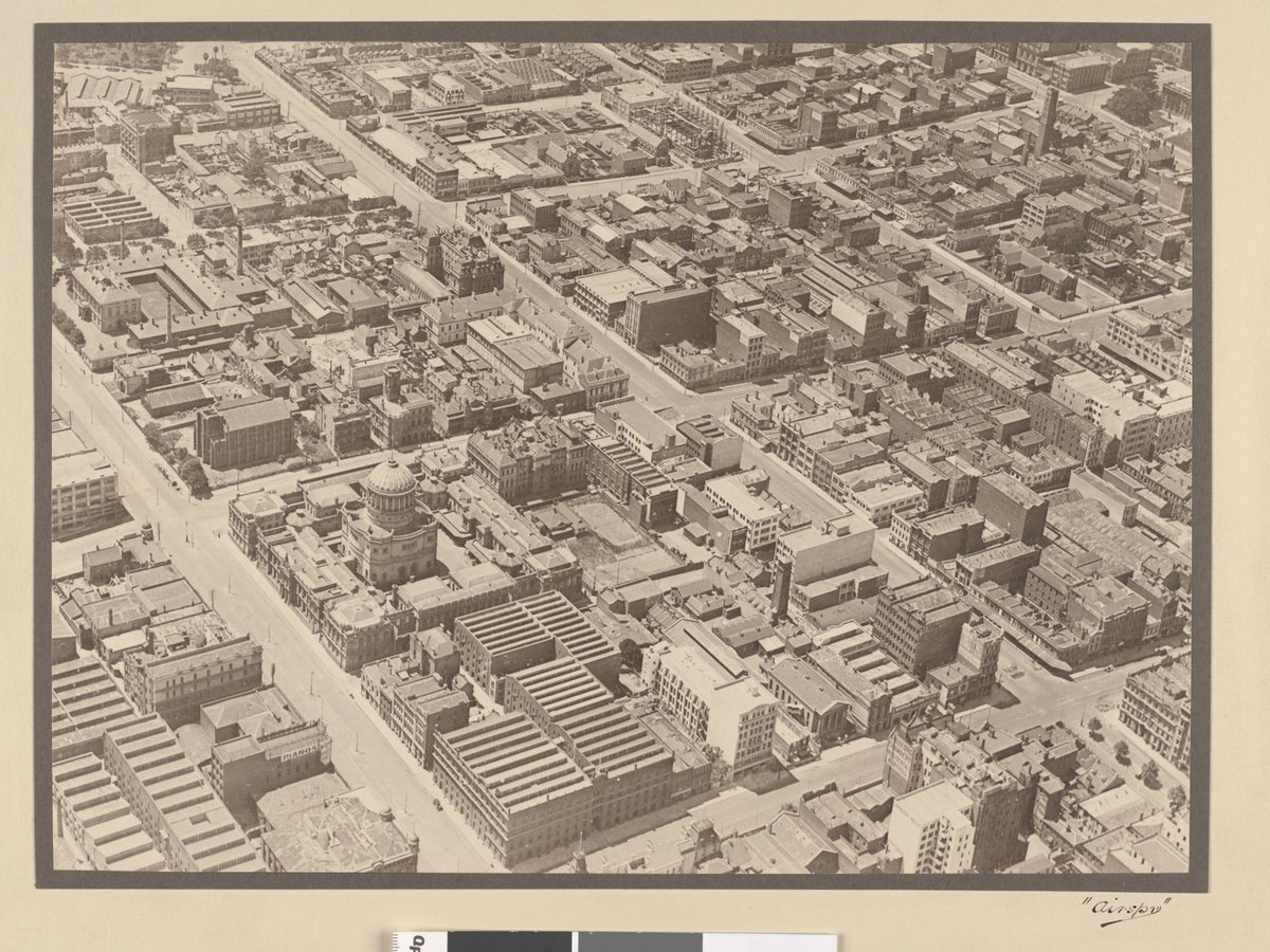 View of Melbourne looking north showing the Supreme Court on the corner of William and Londsdale Street, Melbourne City (1927–28)