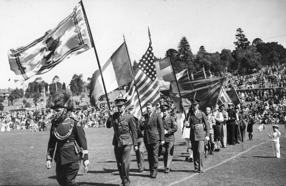 National flagbearers at the Allied Thanksgiving pageant at Como Park, Melbourne, South Yarra (c. 1944)