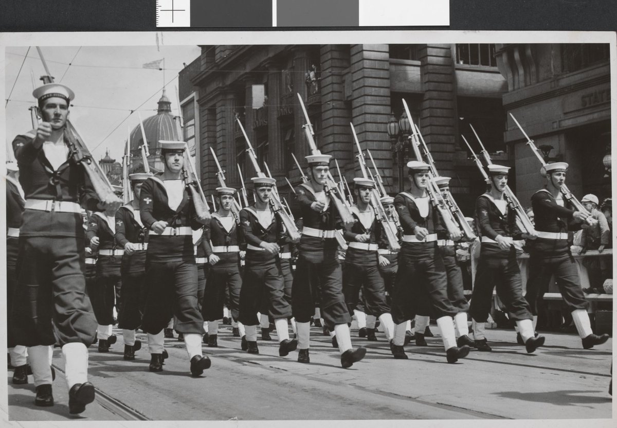 Australian sailors march up Swanston Street, Melbourne City (1946–49)