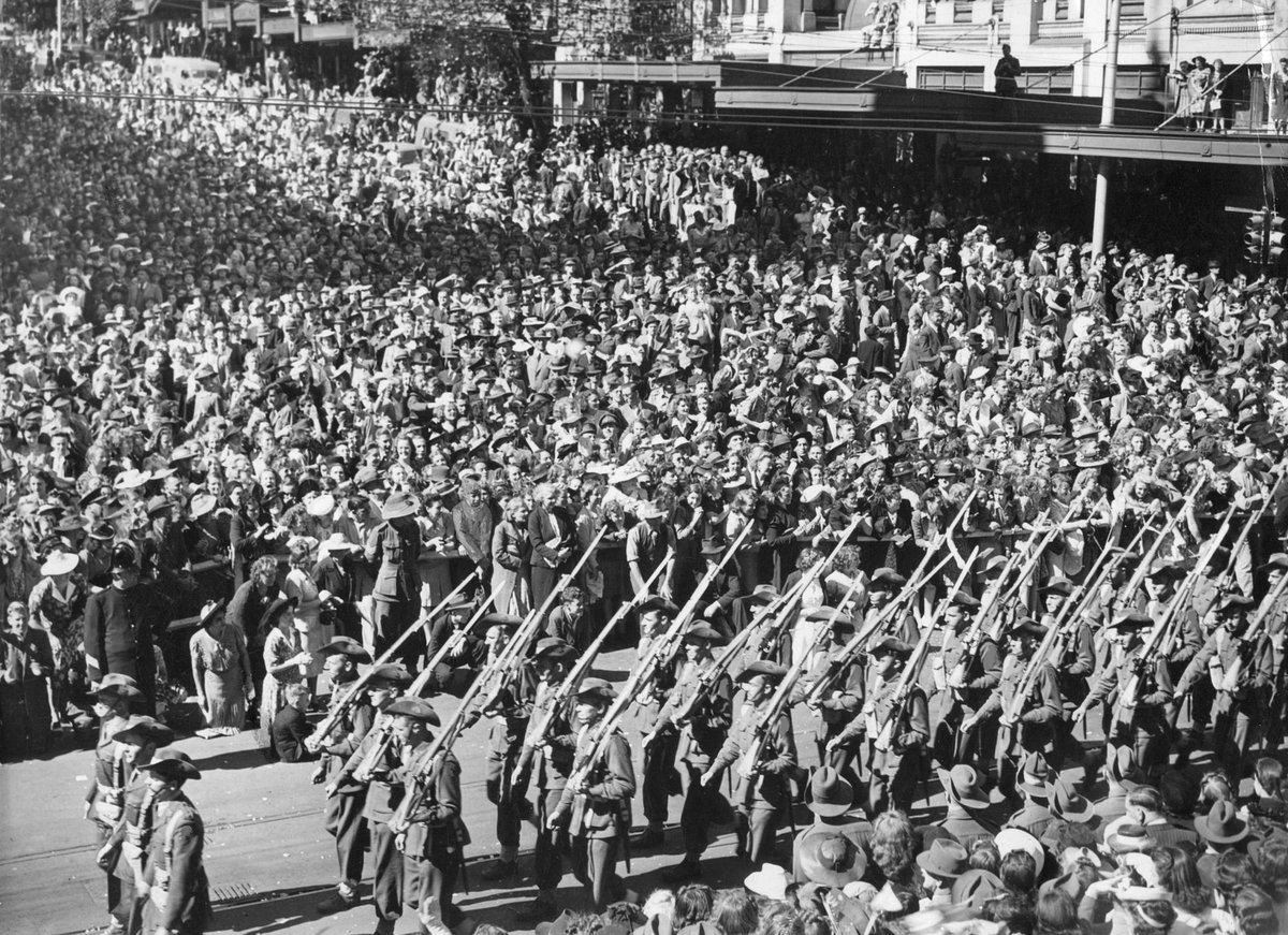 A.I.F. soldiers of the 9th Division in Swanston Street, during a march in Melbourne, 1943, Melbourne City