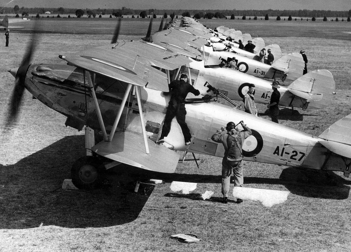 Avro Ansons in flight, Westland Wapiti aircraft from the No. 1 Flying Training School and Hawker Demons before take off at R.A.A.F. Station, Richmond (1938–39)
