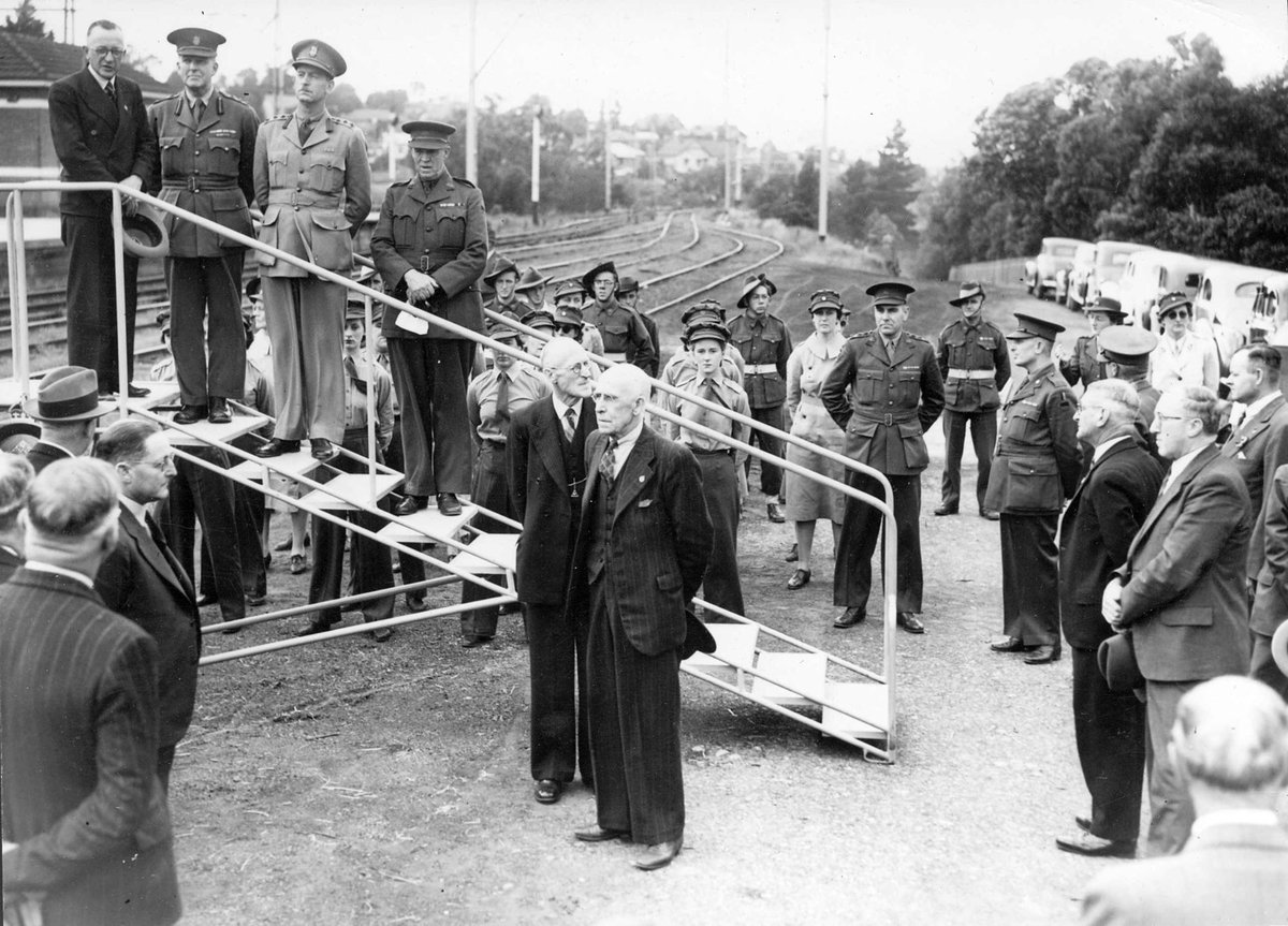 Mr. R. T. Rundle (State President) hands over steel ramp for disembarking wounded troops at Heidleberg [i.e. Heidelberg] Station (c. 1944)
