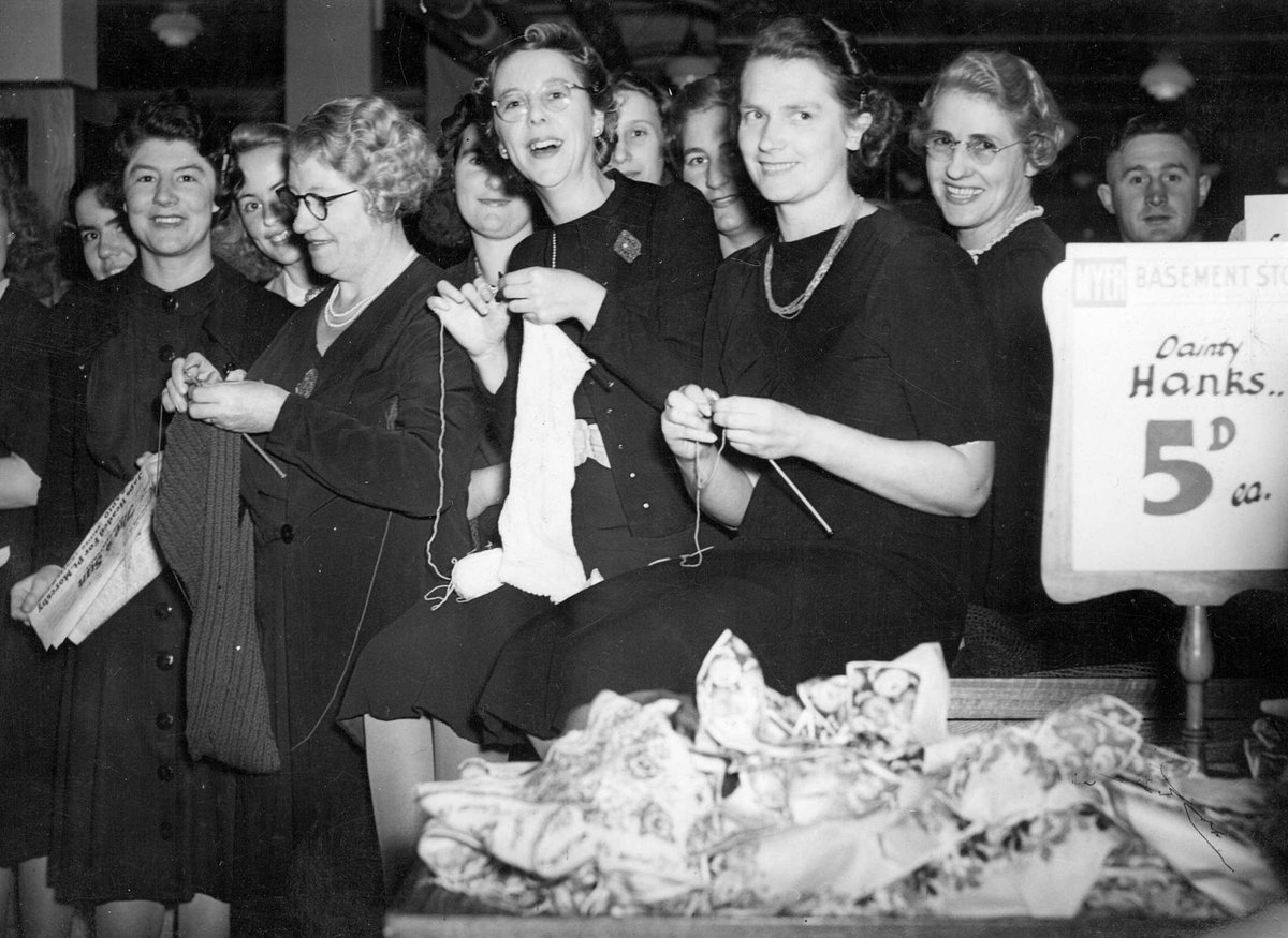 Knitting during Air Raid Precautions test at Myers, Melbourne (c. 1942)