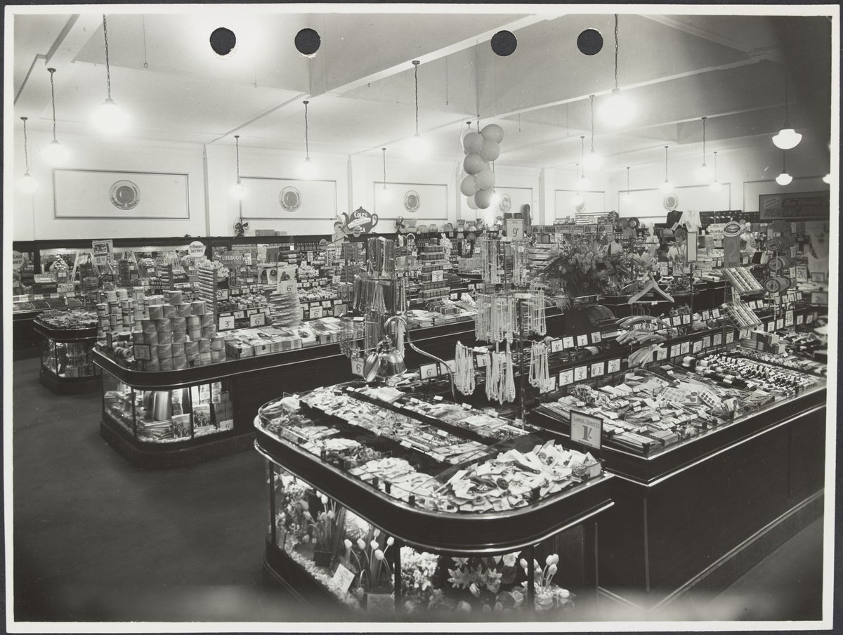 Interior of Coles store at Elsternwick Victoria showing counters of merchandise including jewellery for 6d Store No. 525 (1939)