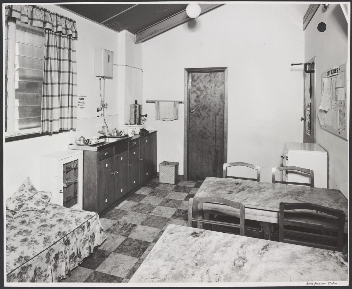Staff tearoom dining tables and lockers and settee and kitchenette Mentone Store No. 182 (1953)