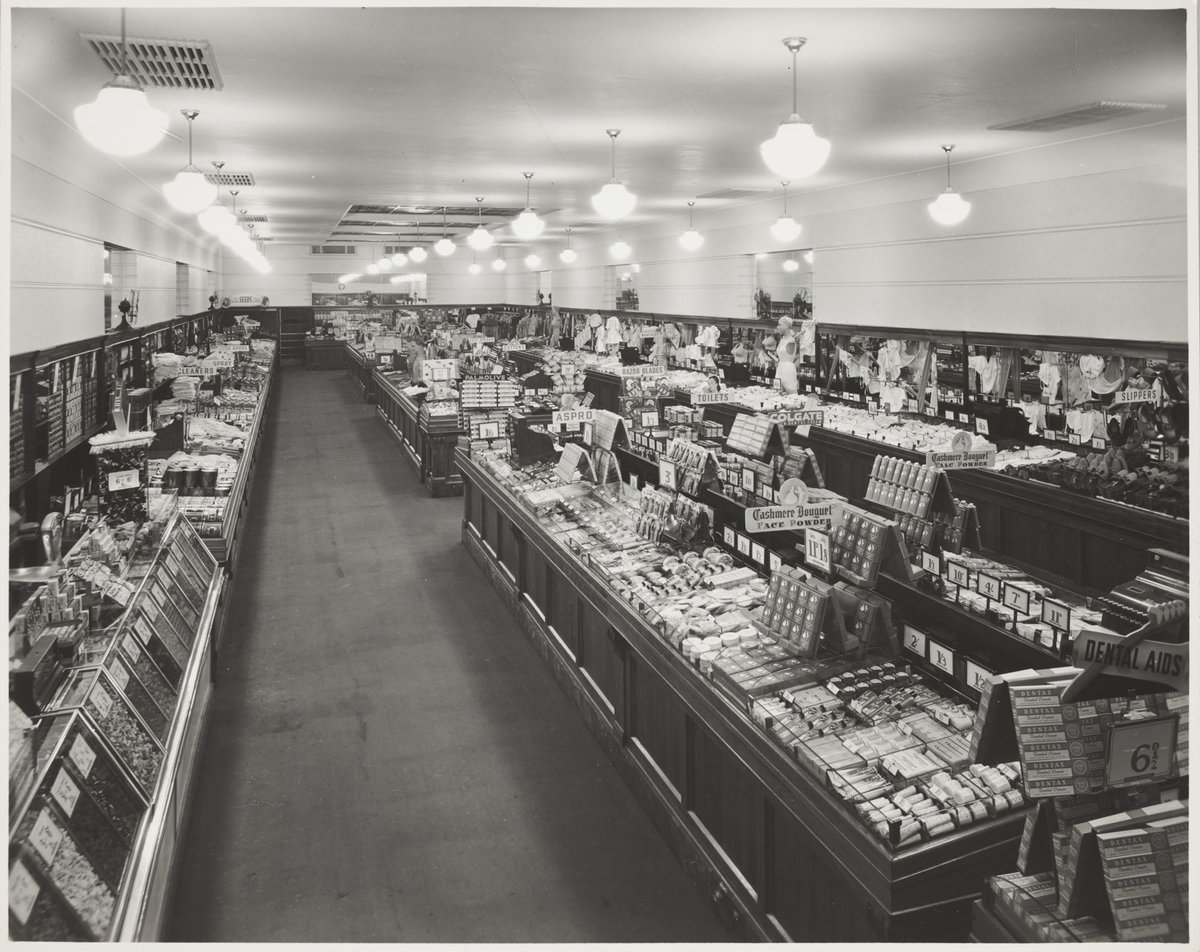 Interior of Coles store with a display for Dentax toothpaste; for 6 d at Northcote Store No. 16 (1947)