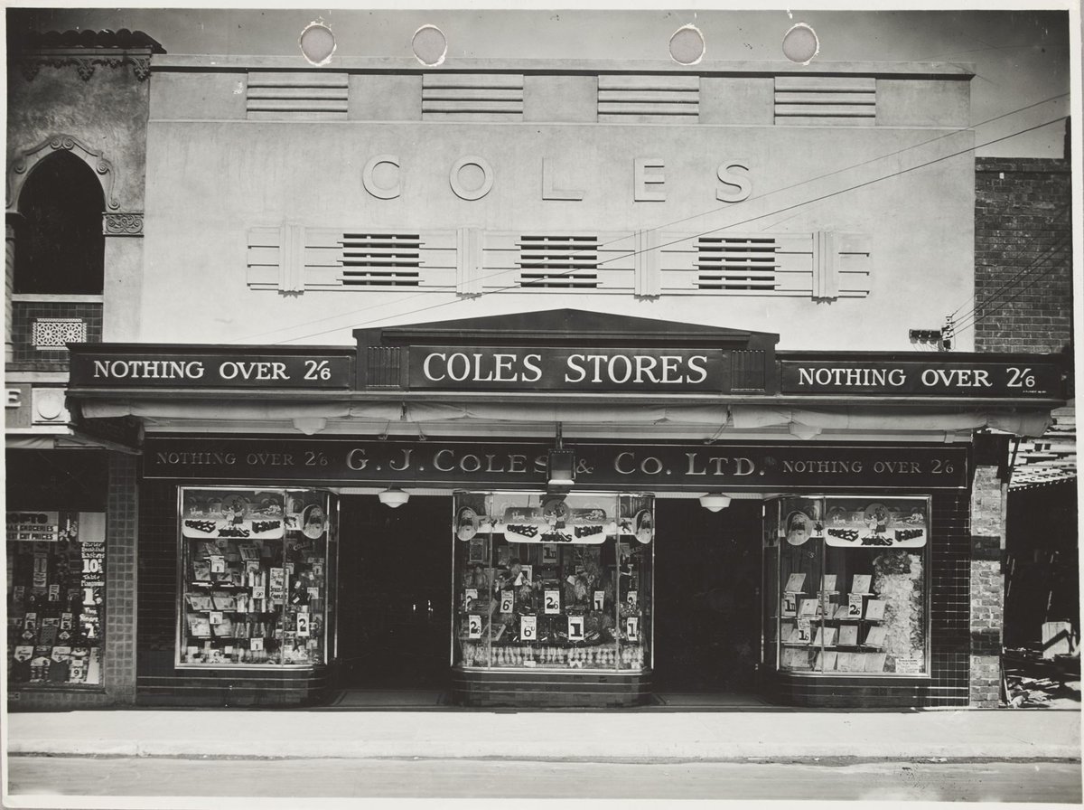 Front exterior of Coles store with merchandise in the window priced from 6d. Preston Store No. 20 (1930–40)