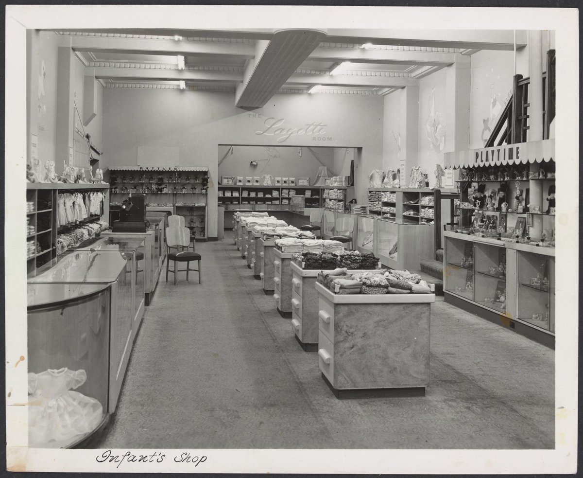 Infant's Shop, includes glass counter, The Layette Room, Playtime toys, rattles and clothing, Mantons Bourke Street store, Melbourne City (1942–51)