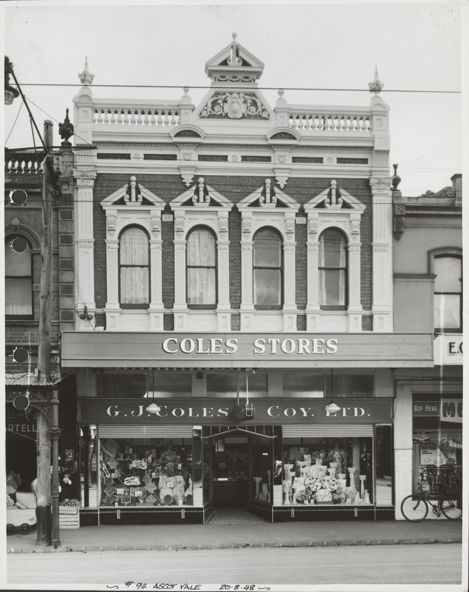 Exterior front of Ascot Vale Coles store with merchandise in the window priced from 4d. Store No. 94 (1948)