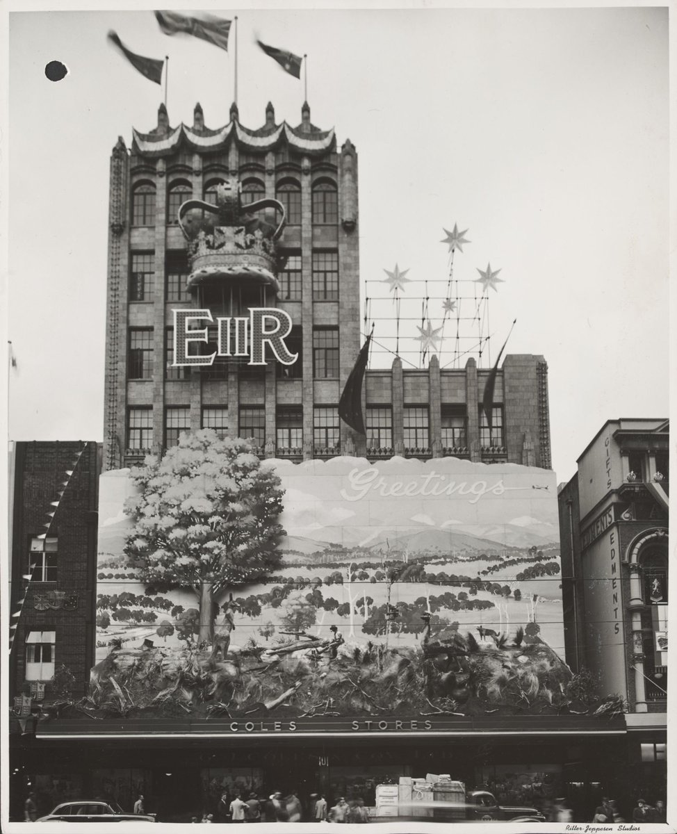 Exterior diorama and crown on display during Queen Elizabeth's Royal Visit Bourke Street Store No. 12, Melbourne City (1954)