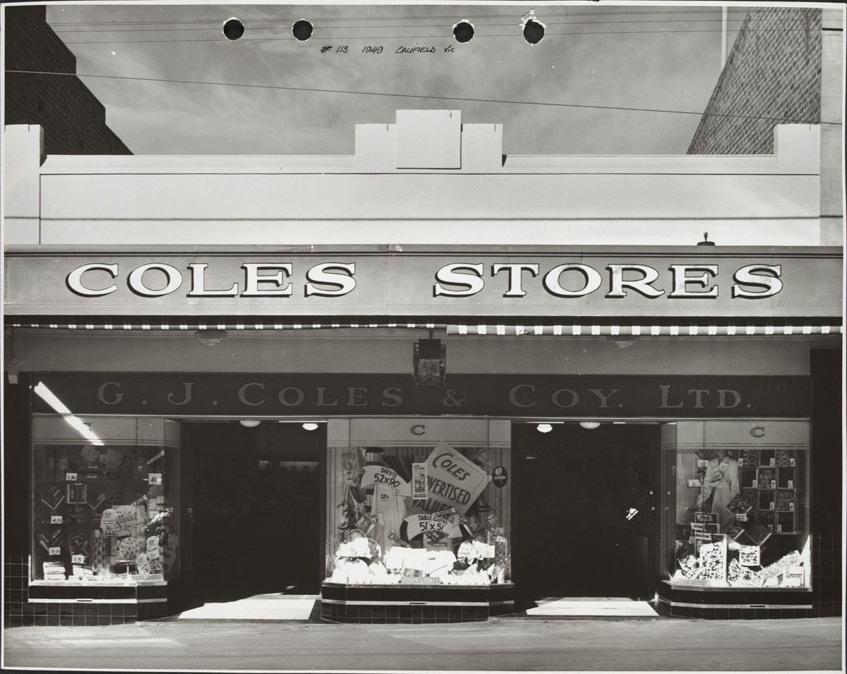 Front exterior of South Caulfield Coles store with merchandise displays in the windows including Starlet Cosmetics Store No. 113, Caulfield South (1949)