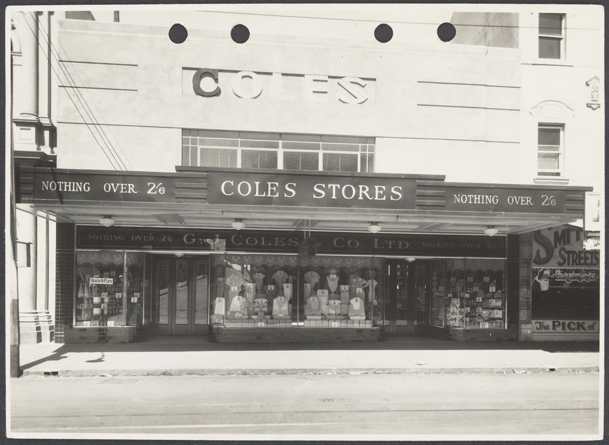 Shopfront with display windows featuring "Death to Flies" products and ladies' wear-remodelled Collingwood Coles Variety Store No. 1 (1936–37)