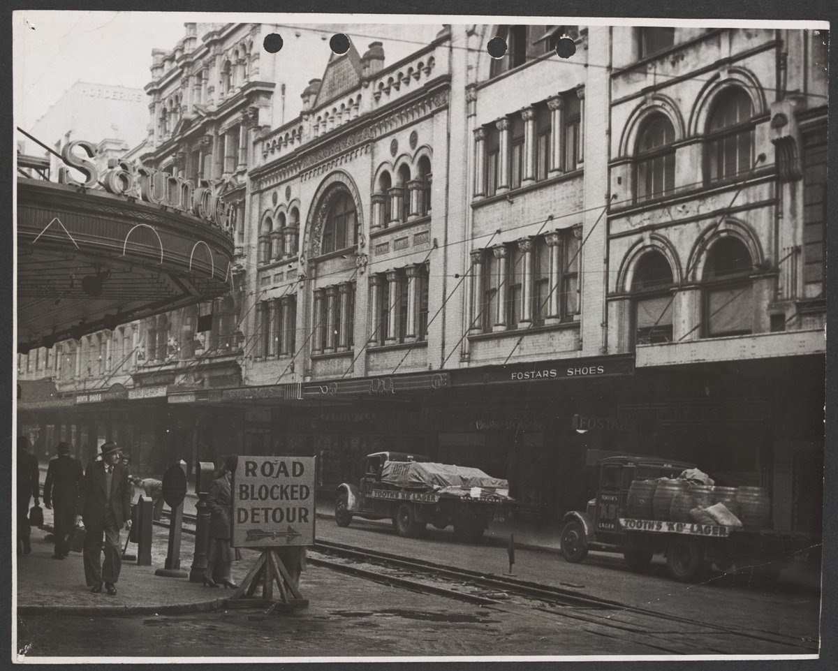 George Street shops from King Street corner includes tram lines and Tooth's delivery trucks Pitt Street Coles Store No. 130, Melbourne City (1940–50)
