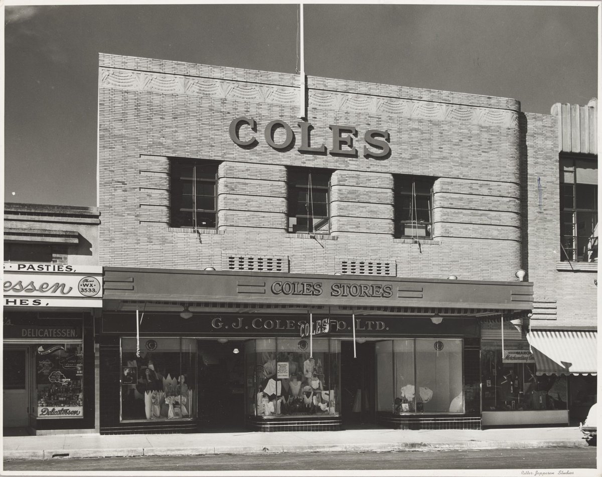 Street view showing display windows and brick upper storey of Coles Box Hill Store No. 44 (1947)