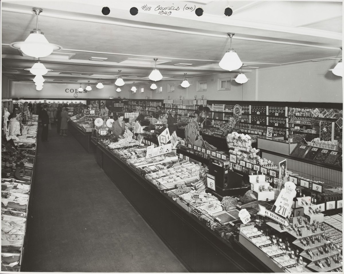 Interior of South Caulfield Coles store with merchandise including propelling lipsticks for 2/11 Store No. 113, Caulfield South (1949)