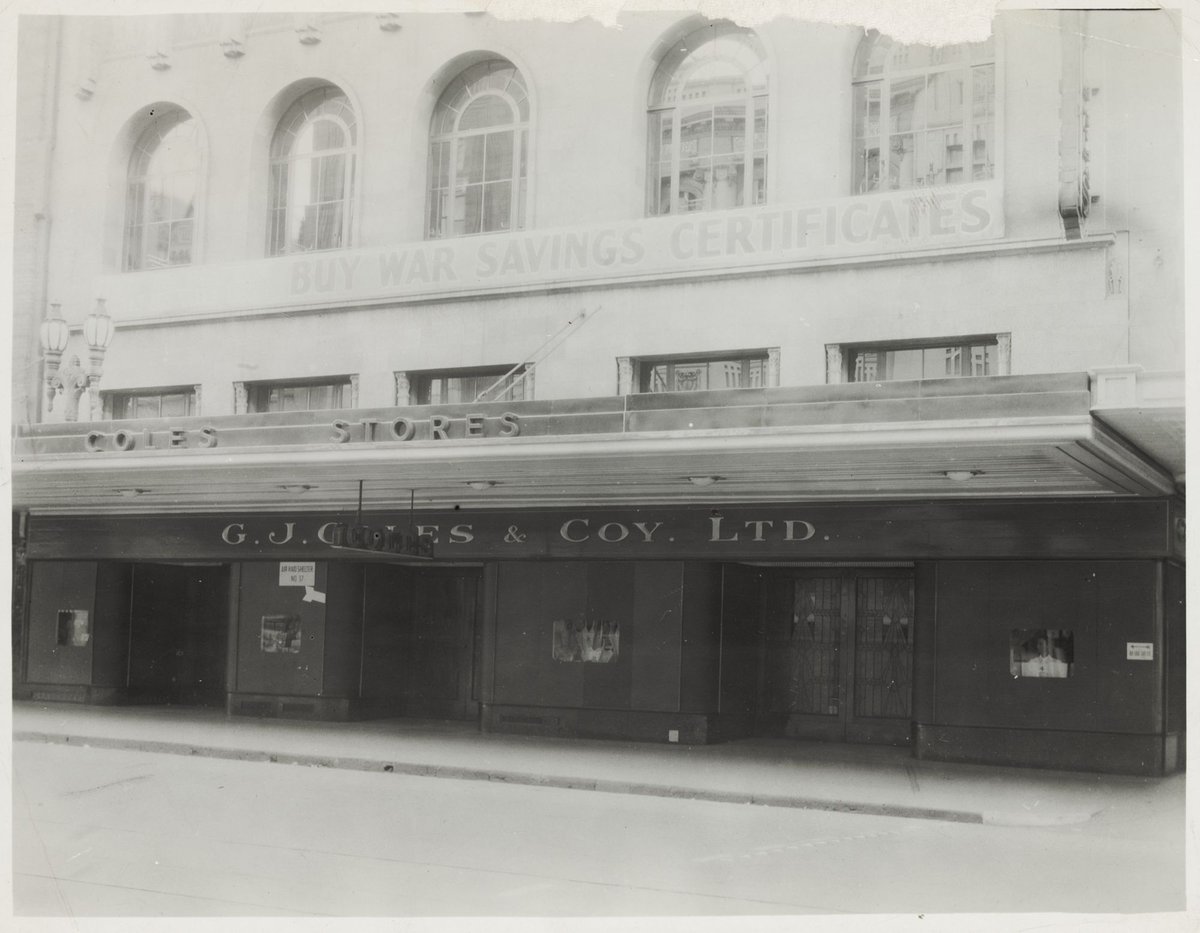 Buy war savings certificates' banner 3rd floor exterior of Coles Bourke Street Store No. 12, Melbourne City (1941–42)