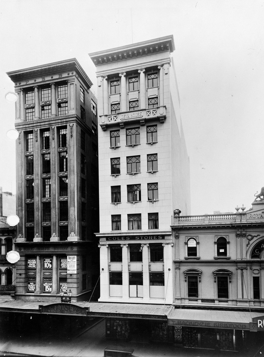 Elevated view of Deva House Bourke Street housing Coles Variety Store adjoining store of T. Mackenzie Kirkwood and Royal Arcade, Melbourne City (1930–50)