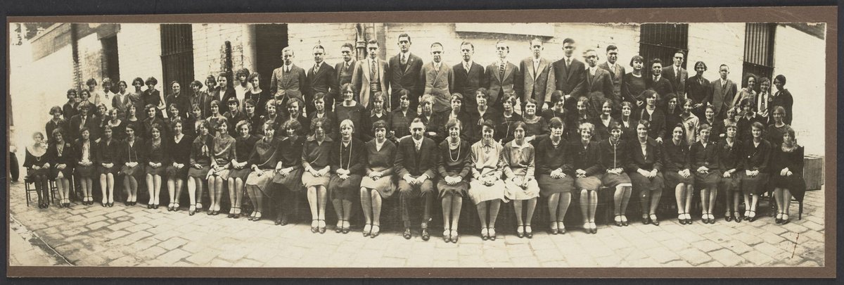 Bourke Street Melbourne Coles staff of about 95 men and women taken in Sugden Place outside Old Coles Book Arcade Store No. 12, Melbourne City (1928)
