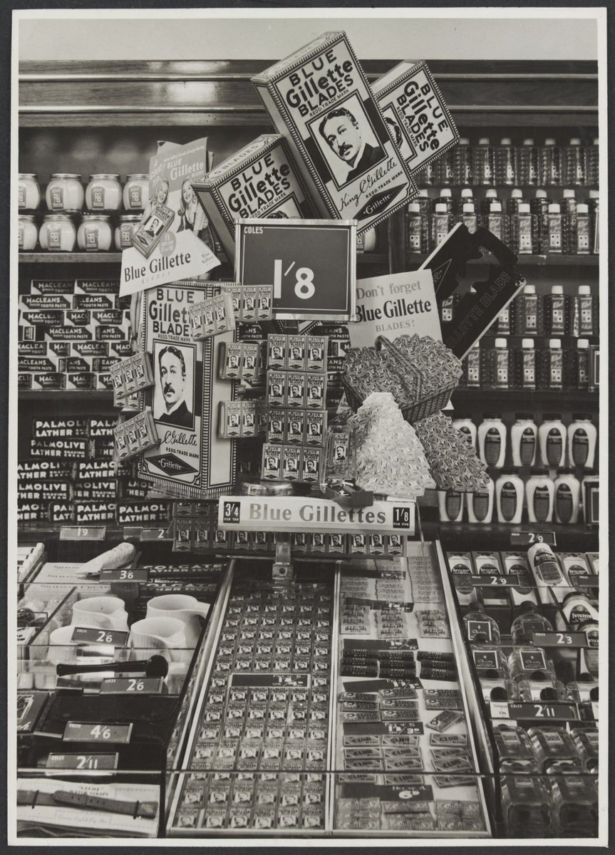 Interior of Coles Swanston Street store displaying Gillette blades priced at 1/8d Store No. 7, Melbourne City (1949)