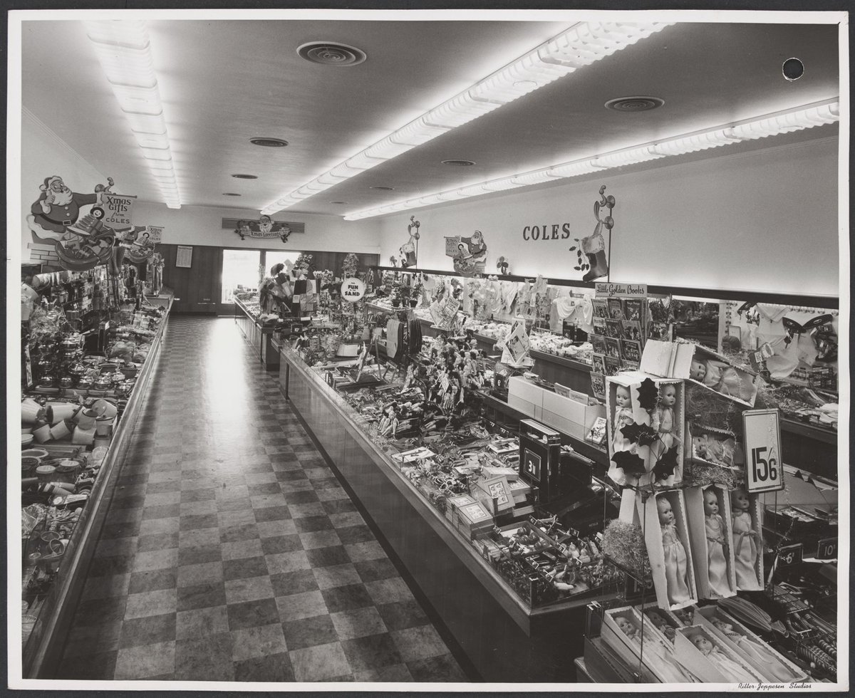 Interior merchandise with dolls and Little Golden Books and Christmas decorations Mentone Store No. 181 (1953)