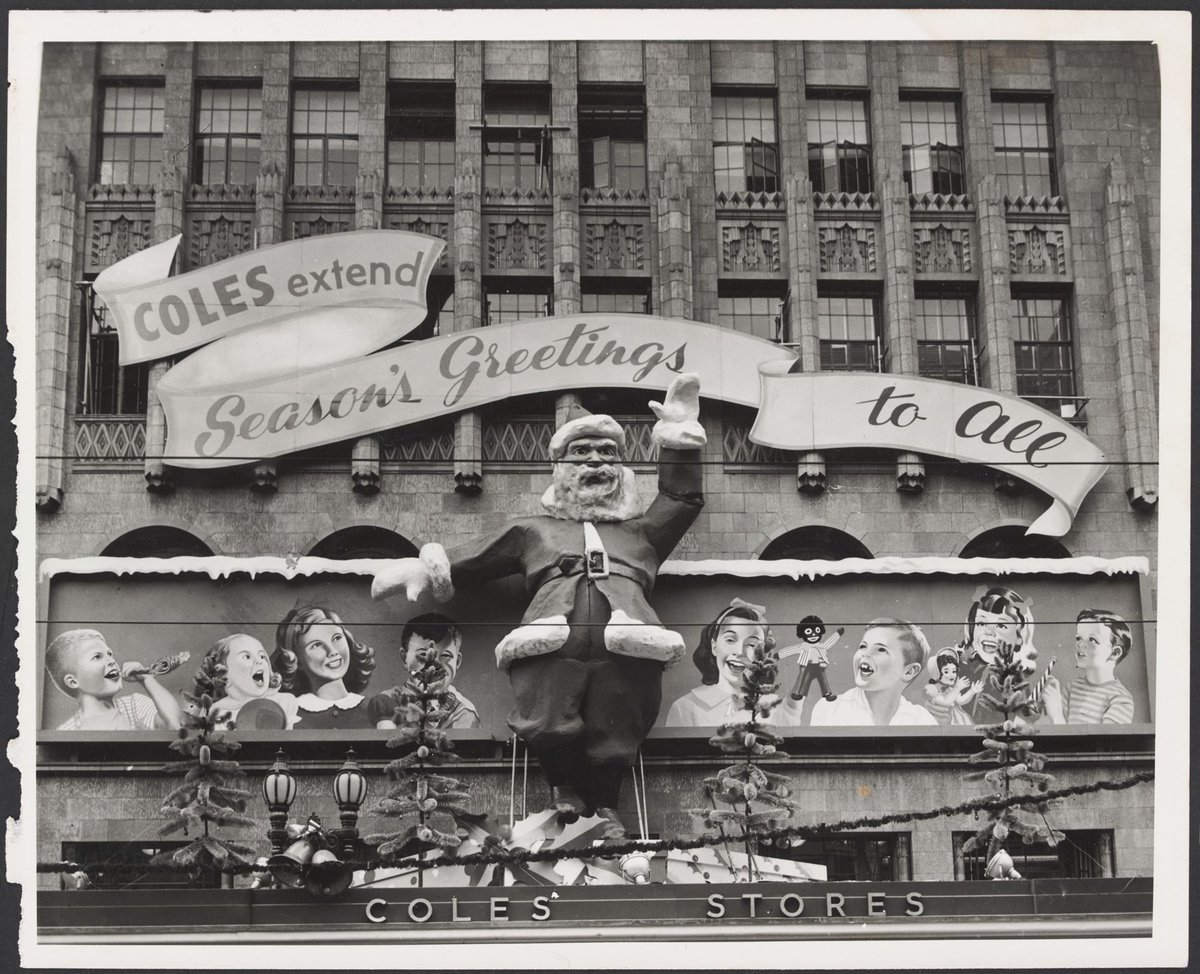 Christmas decorations on exterior of Coles Bourke Street store with seasonally greetings message Store No. 12, Melbourne City (1954)