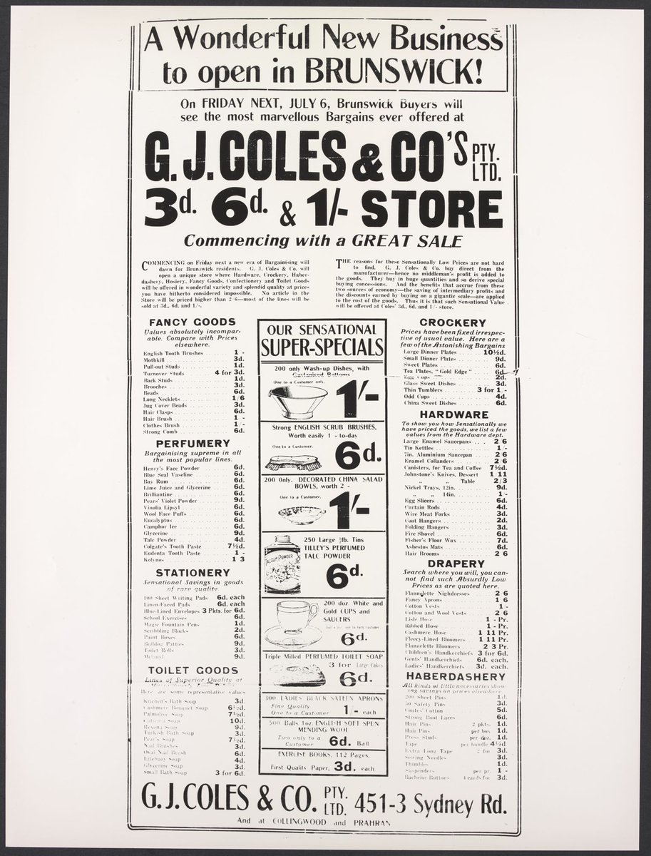 Advertisement for a new G J Coles & Co Pty Ltd store to open in 451-3 Sydney Road Brunswick (1923–27)