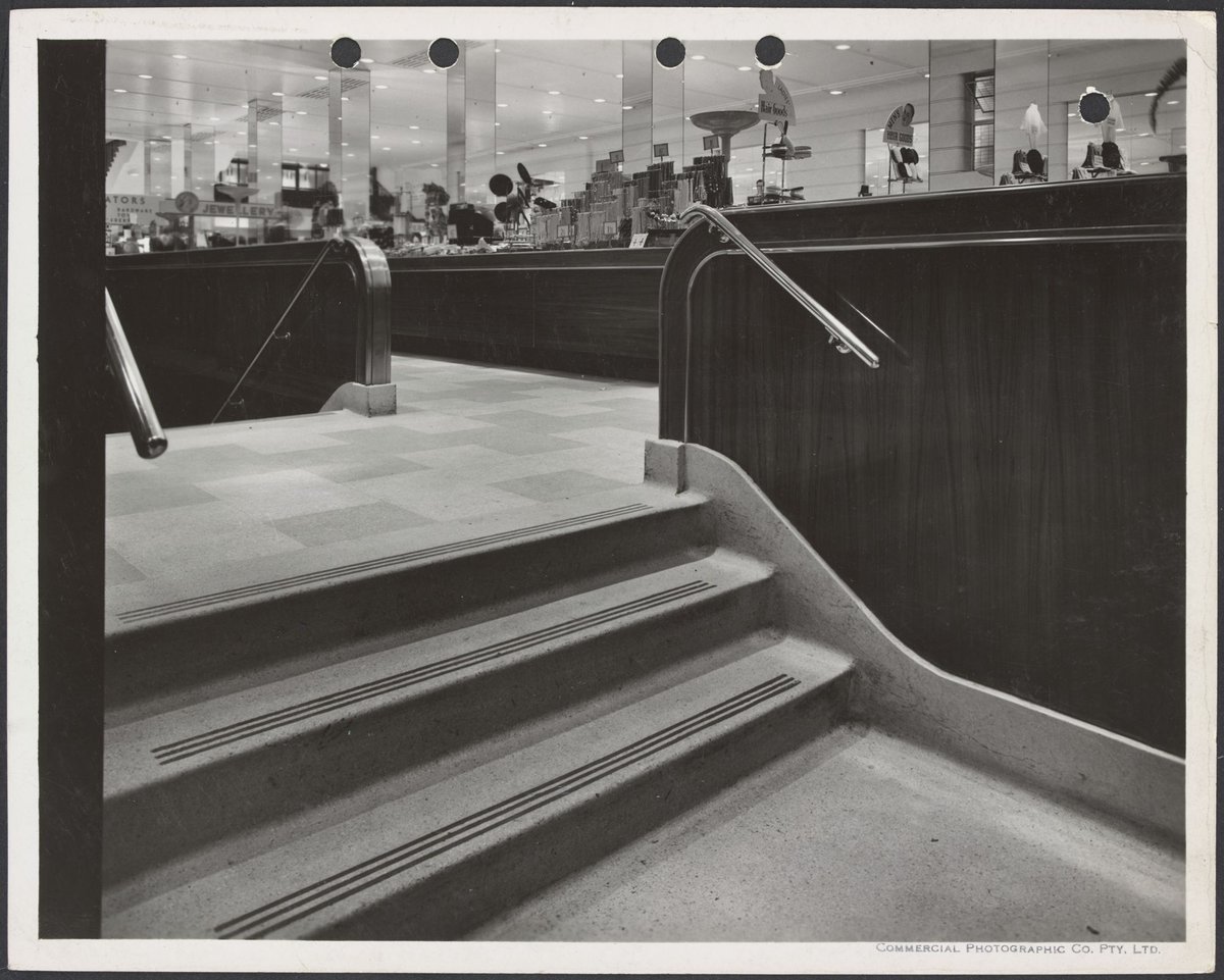 Interior showing shallow flight of steps into jewellery and clothing department in Coles Bourke Street Store No. 12, Melbourne City (1940–47)