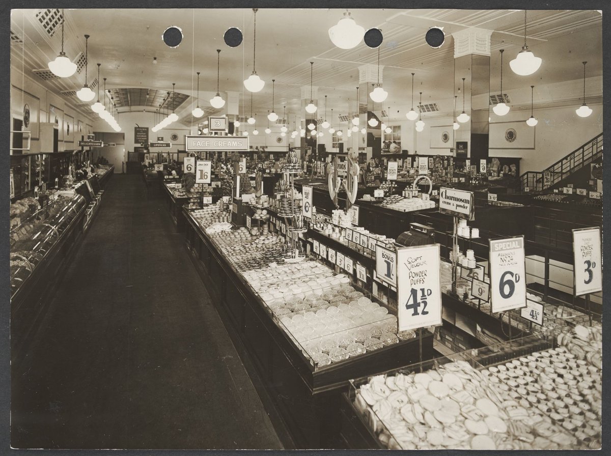 Interior of Buckley's store showing counters of women's toiletries with prices prominently displayed in Coles Variety Store Melbourne Store No. 4 (1934)