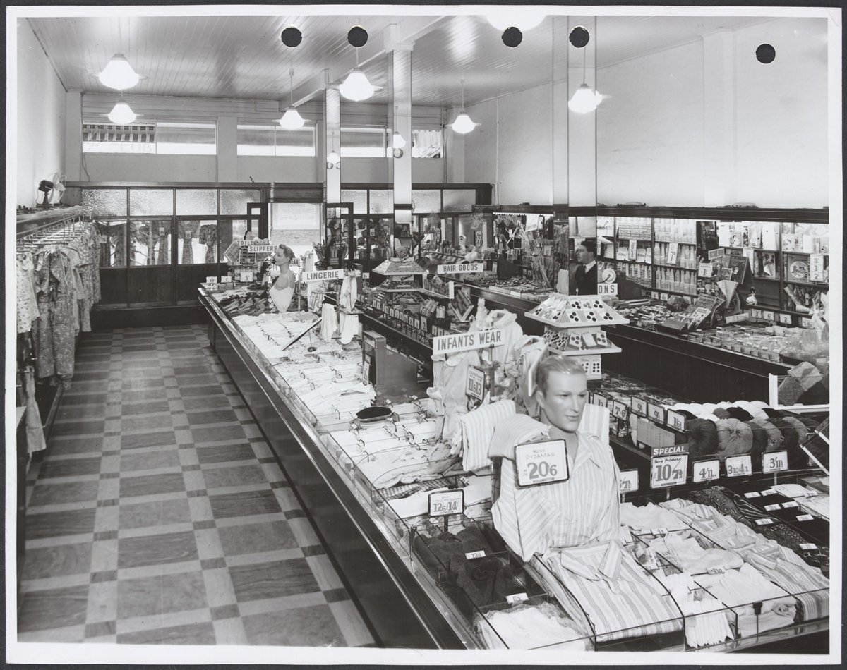 Interior of store showing counters displaying clothing and haberdashery in Coles Ascot Vale Store No. 94 (1948)