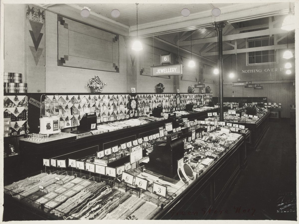 Interior of Coles store Hawthorn displaying necklaces selling for 6d at Glenferrie Greens Store No. 17 (1940–50)