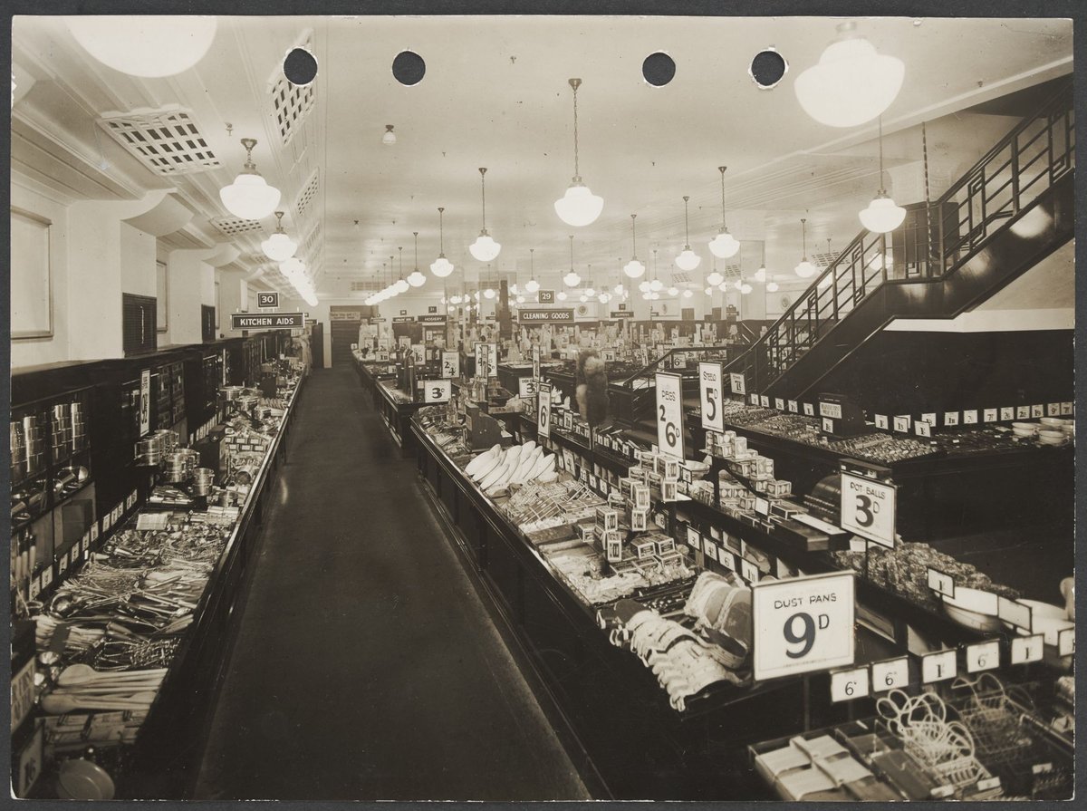 Interior of Buckley's store showing counters holding household articles with prices prominently displayed in Melbourne Coles Variety Store No. 4 (1934)