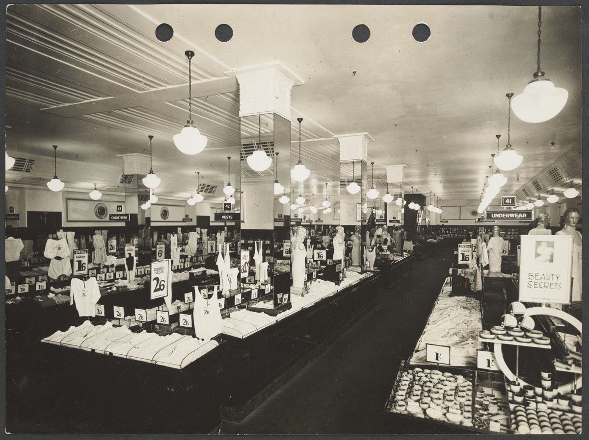 Interior of Buckley's store with counters displaying toiletries and underwear with prices prominently displayed in Melbourne Coles Variety Store No. 4 (1934)