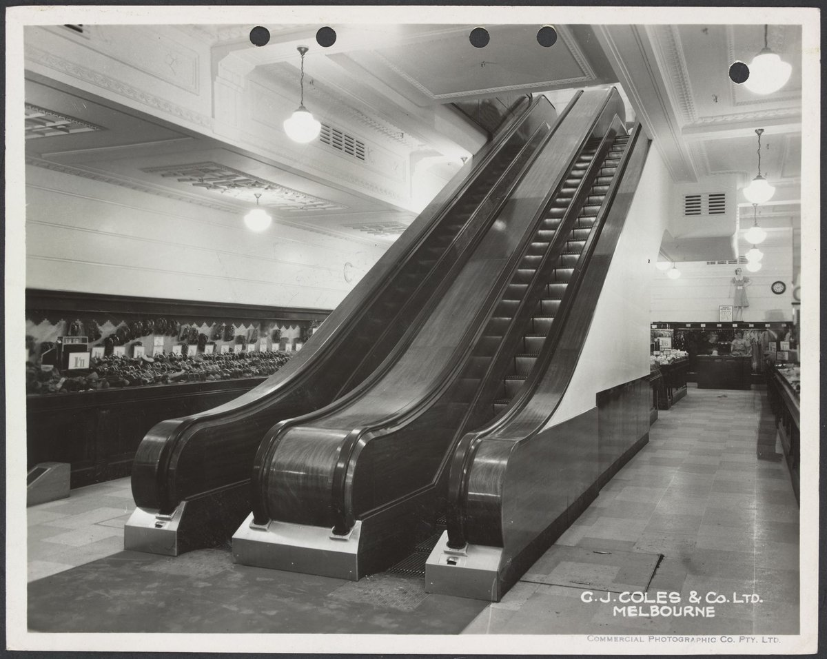 Escalators in basement clothing department of Coles Bourke Street Store No. 12, Melbourne City (1939)