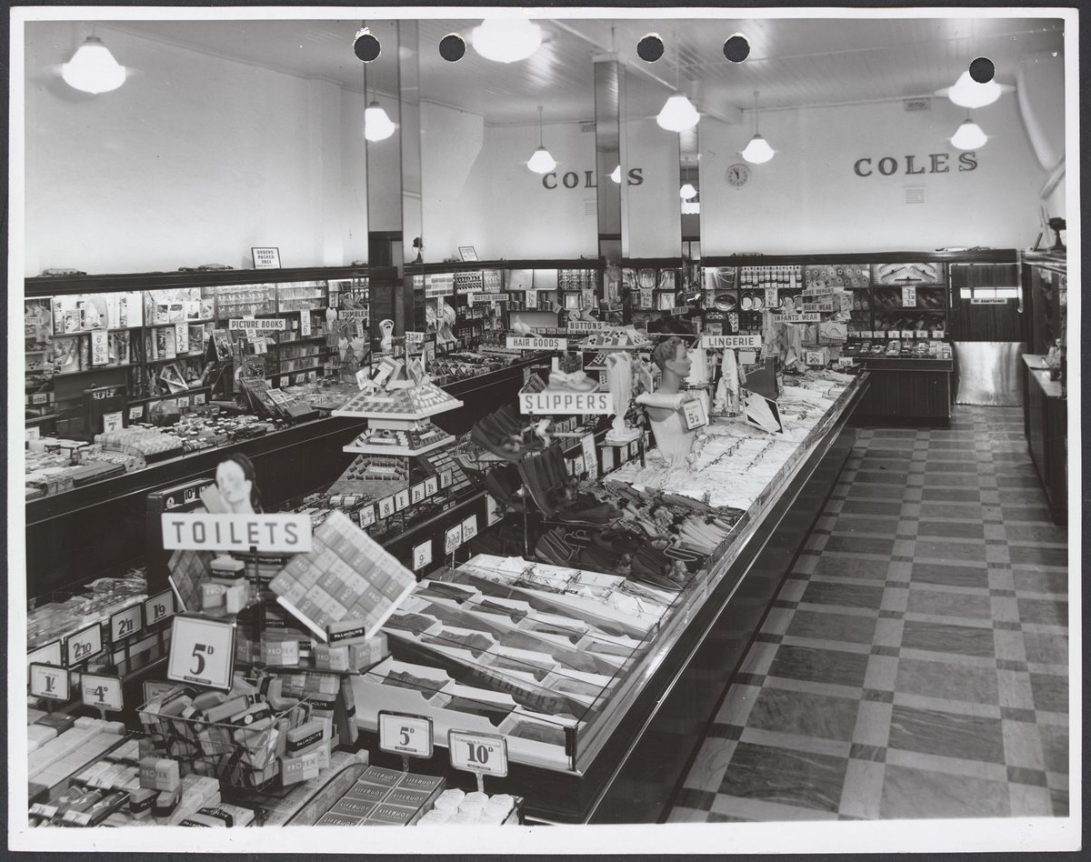 Interior of store showing counters displaying clothing and toiletries in Coles Ascot Vale Store No. 94 (1948)