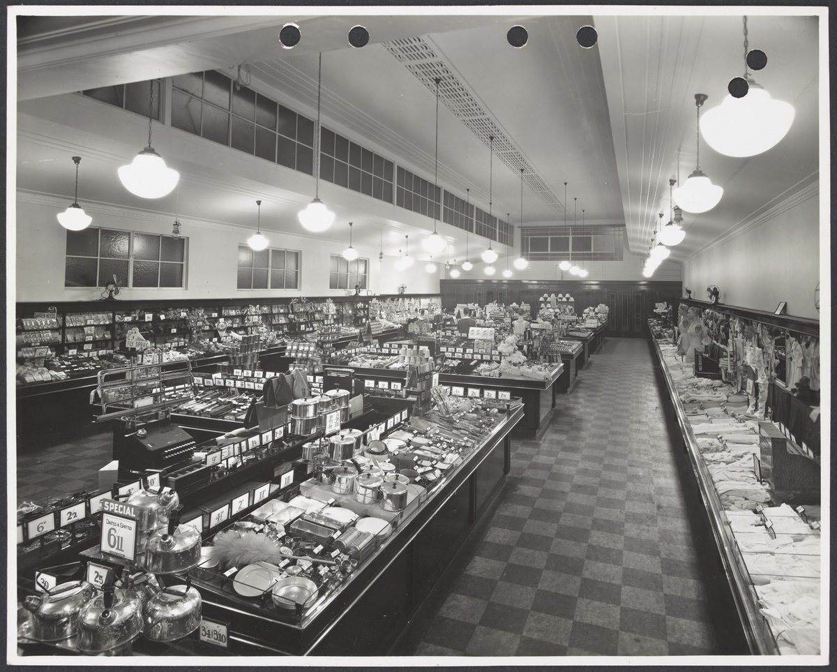 Elevated view of interior showing displays of kitchen utensils and lingerie in Coles Collingwood Store No. 1 (1947)