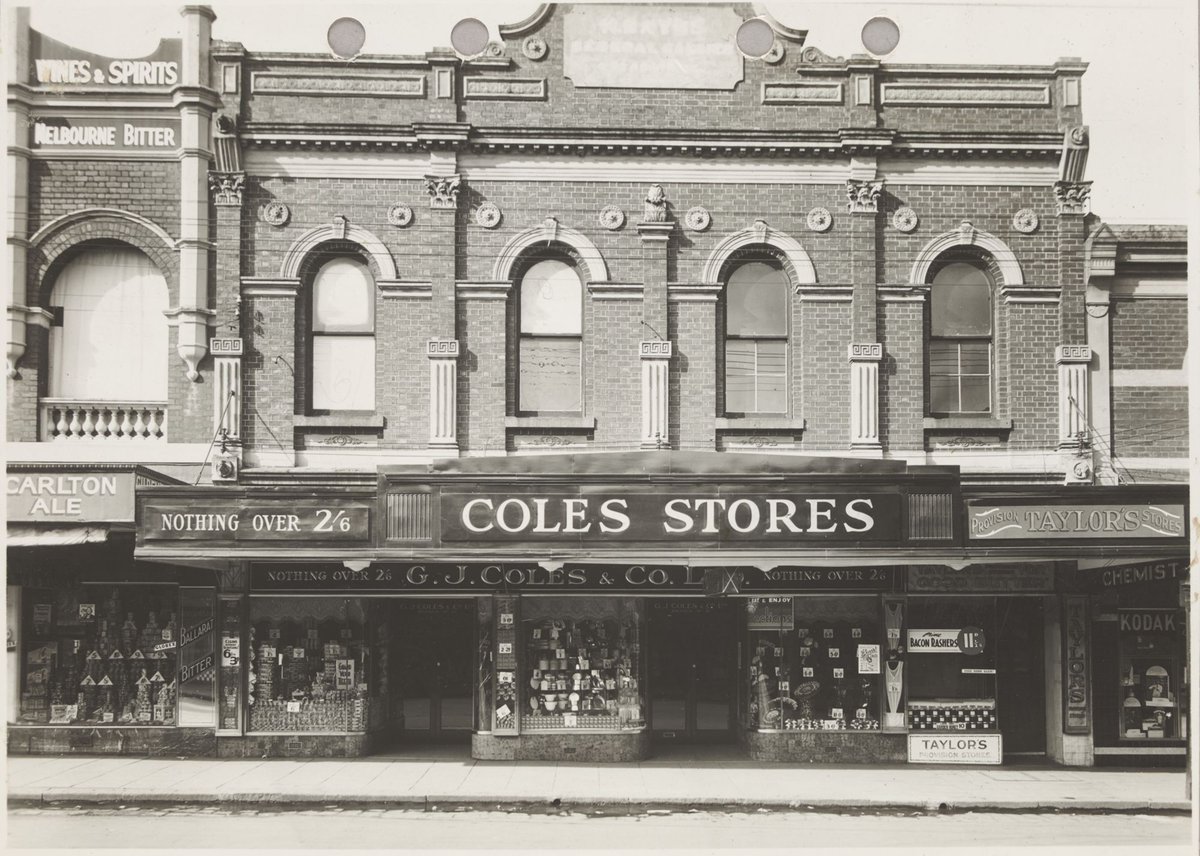 Exterior of Coles store with merchandise displayed in the windows priced from 3d. Coburg Store No. 21 (1932–40)