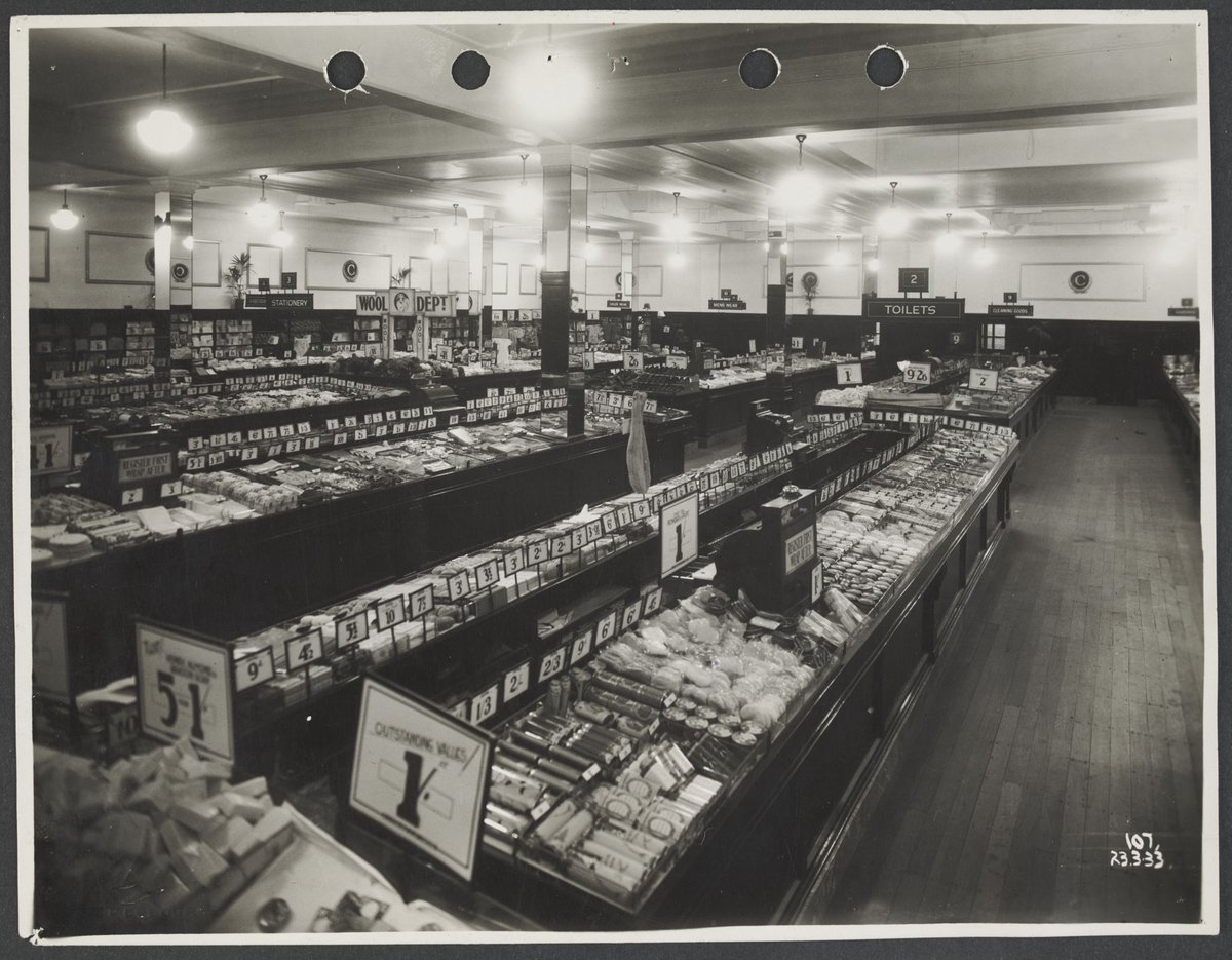 Interior of store displaying toiletries and haberdashery with price tags prominently displayed at old store Sydney Road Brunswick Store No. 3 (1933)