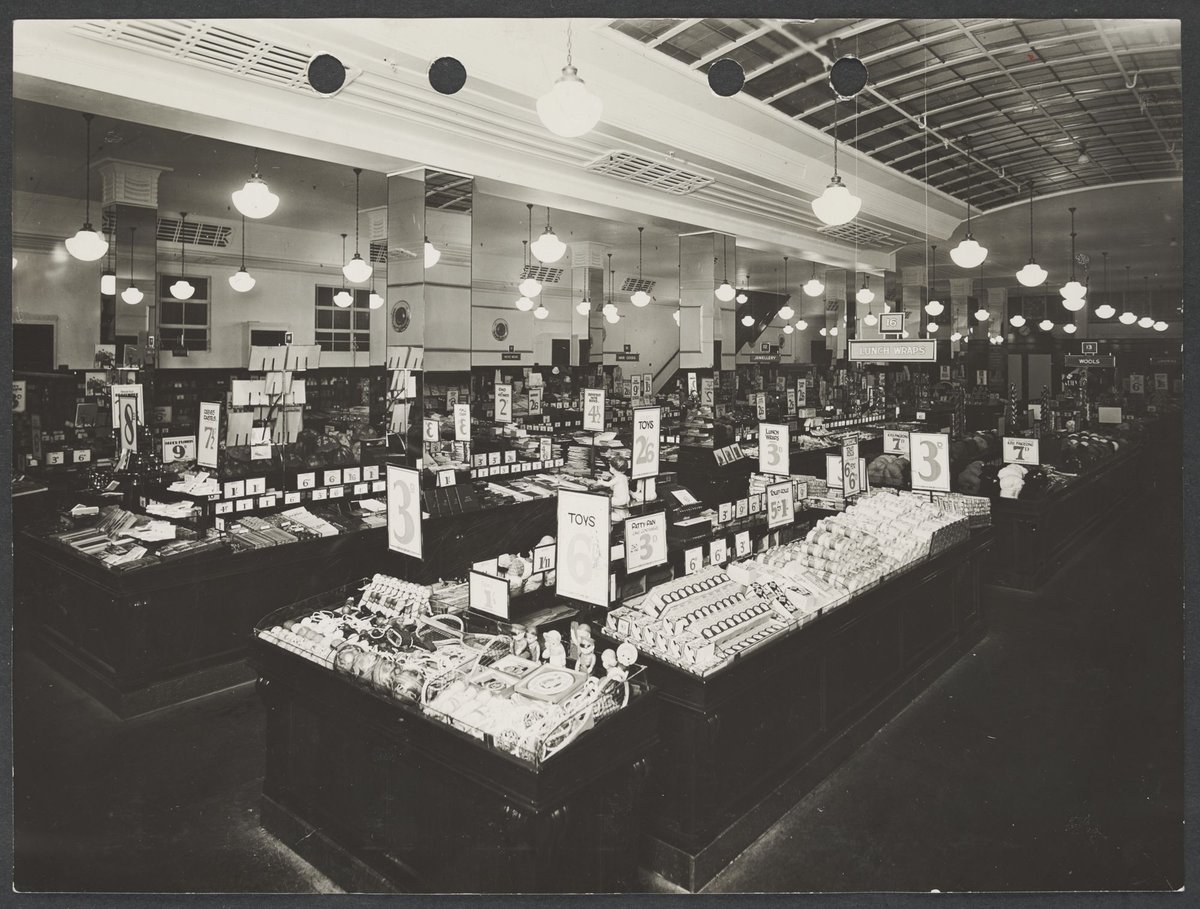Interior of Buckley's store showing counters with a variety of products and prices prominently displayed in Melbourne Coles Variety Store No. 4 (1934)