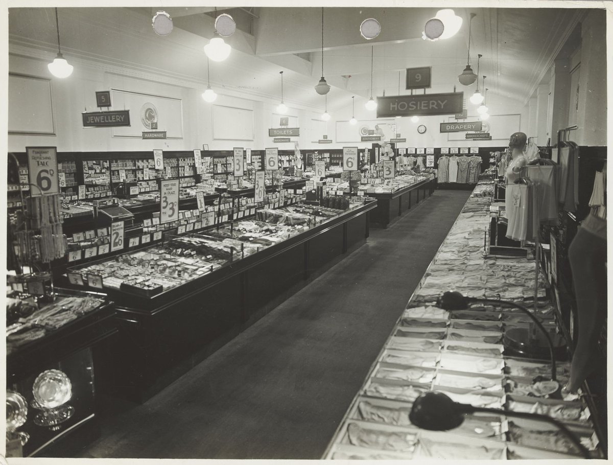 Interior of Coles store with counters and merchandise priced from 3d. Preston Store No. 20 (1930–40)