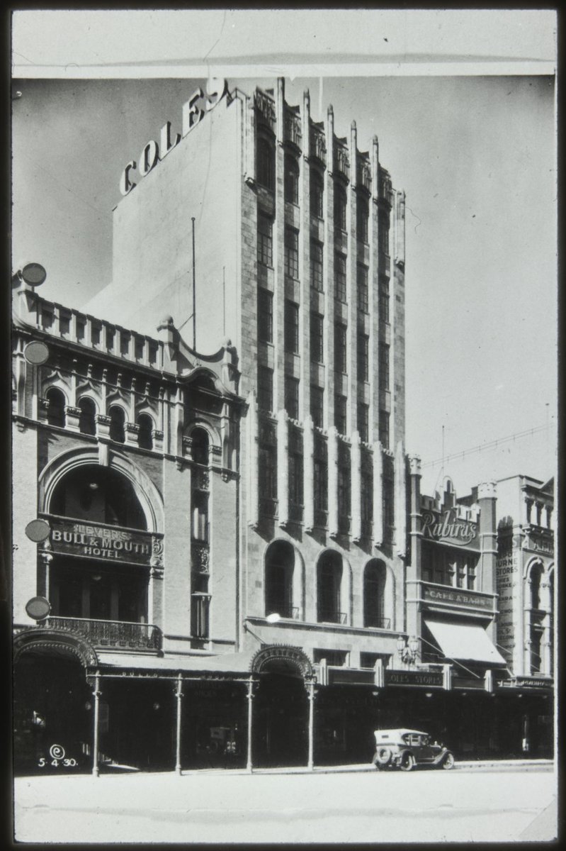 Lever's Bull & Mouth Hotel and adjacent multi-story Coles store in Bourke Street Melbourne, Melbourne City (1930s)