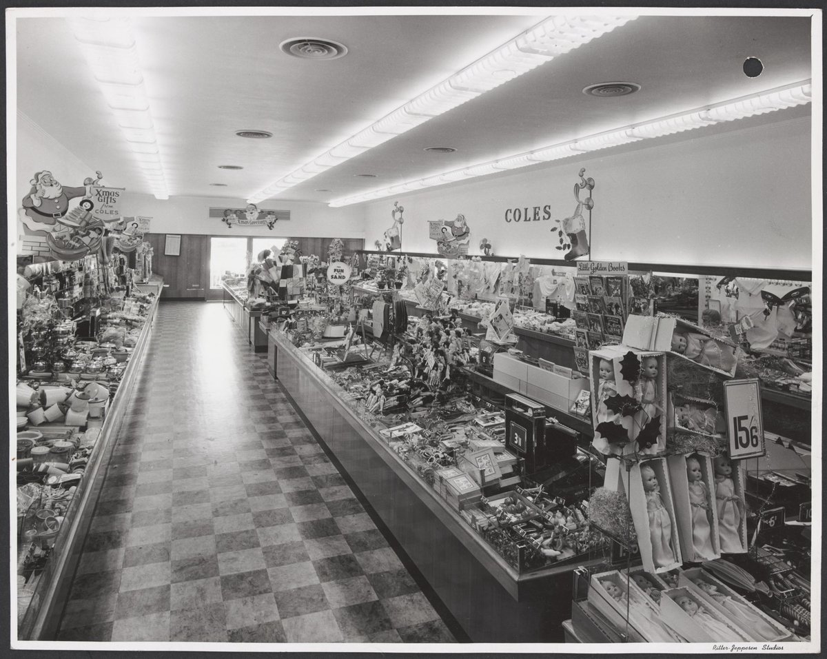 Interior merchandise with dolls and Little Golden Books and Christmas decorations Mentone Store No. 181 (1953)