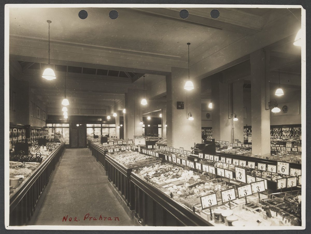 Interior showing panelled counters with prices prominently displayed at Prahran Coles Variety Store No. 2 (1930–35)