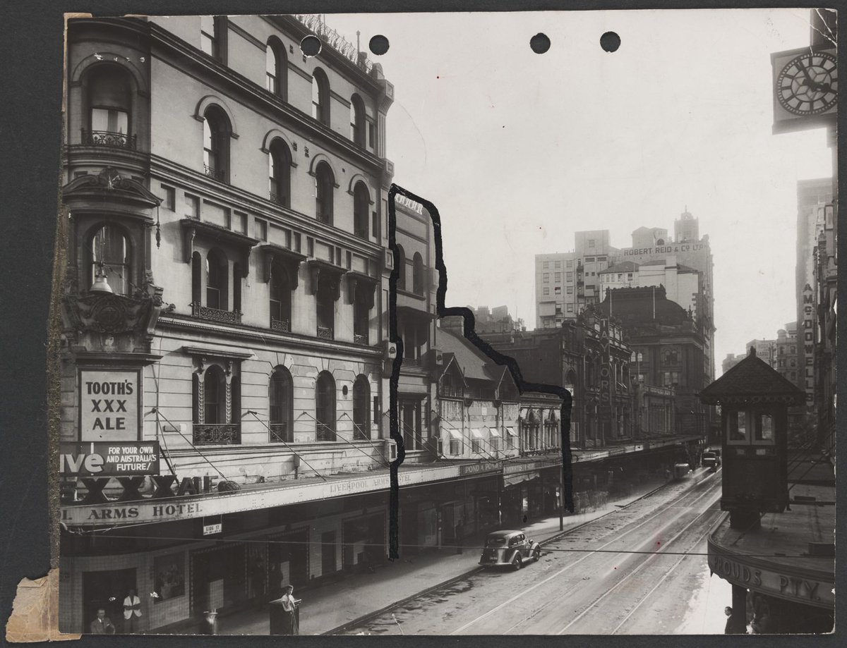 Elevated view along King Street with Liverpool Arms Hotel on corner near outlined location of Coles Sydney Store No. 25, Melbourne City (1939–45)